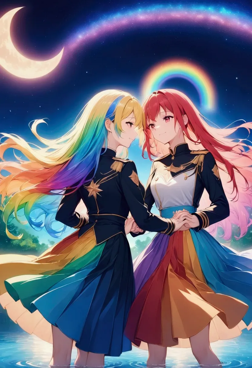 two women with their backs turned,holding hands,rainbow hair,long hair,uniform,the colors of the two skirts are symmetrical, mag...