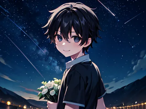 1 boy, he have bouquet, night view, shooting star, black short hair, he is wearing a grey shirt, he smiles gently