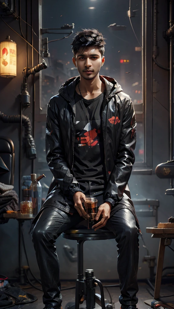  young Nilesh with black hair and drinking glass and cigarette in hand sitting on coach dressed in cyberpunk clothes wearing black raincoat, beautiful digital painting, artstation