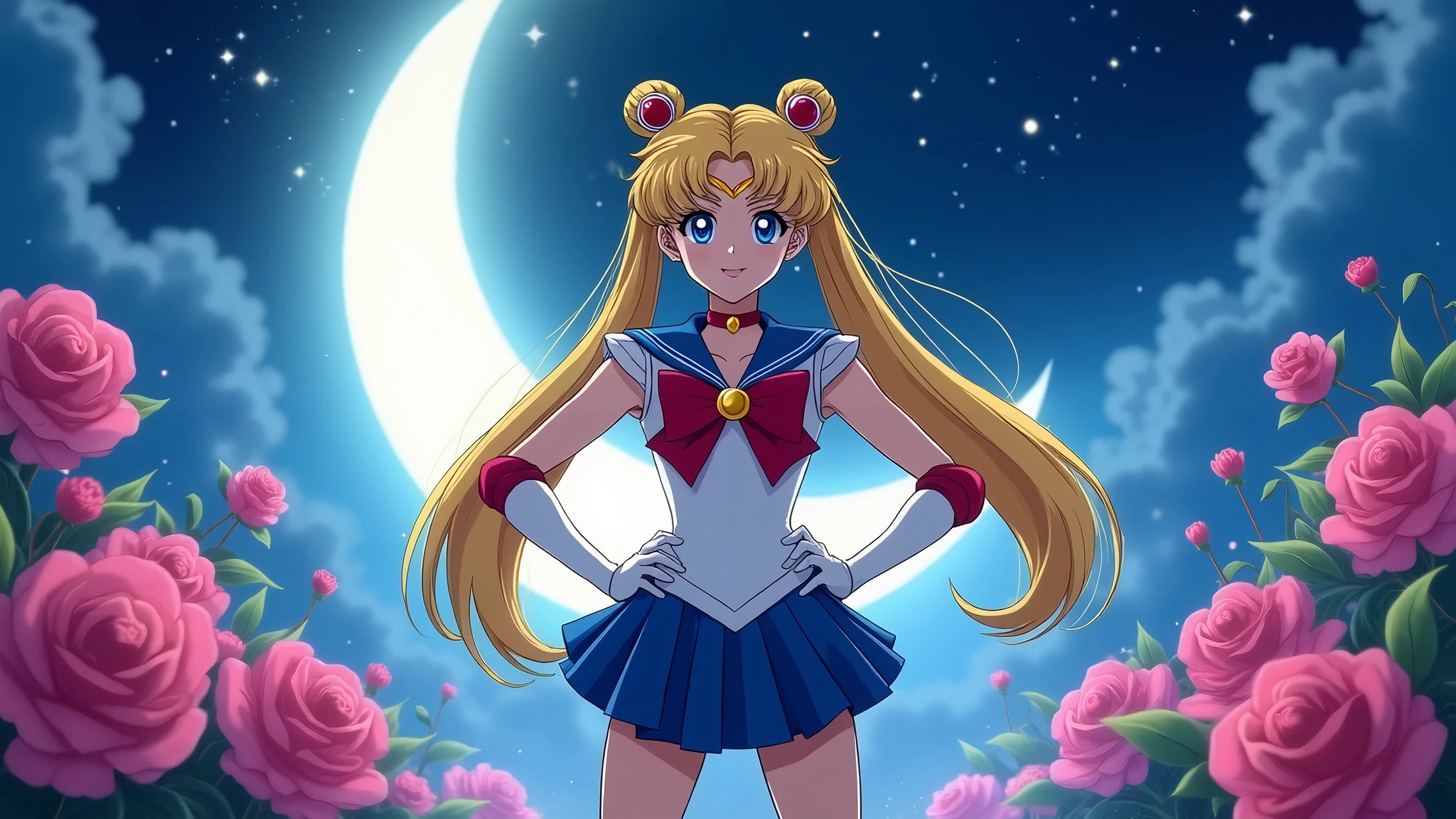 Sailor Moon\(Usagi Tsukino\) striking a decisive pose, full body, simple moonlit night background, large crescent in center and backlit, beautiful roses on both sides in very foreground, many cute twinkles, screenshot from anime\(Sailor Moon\)