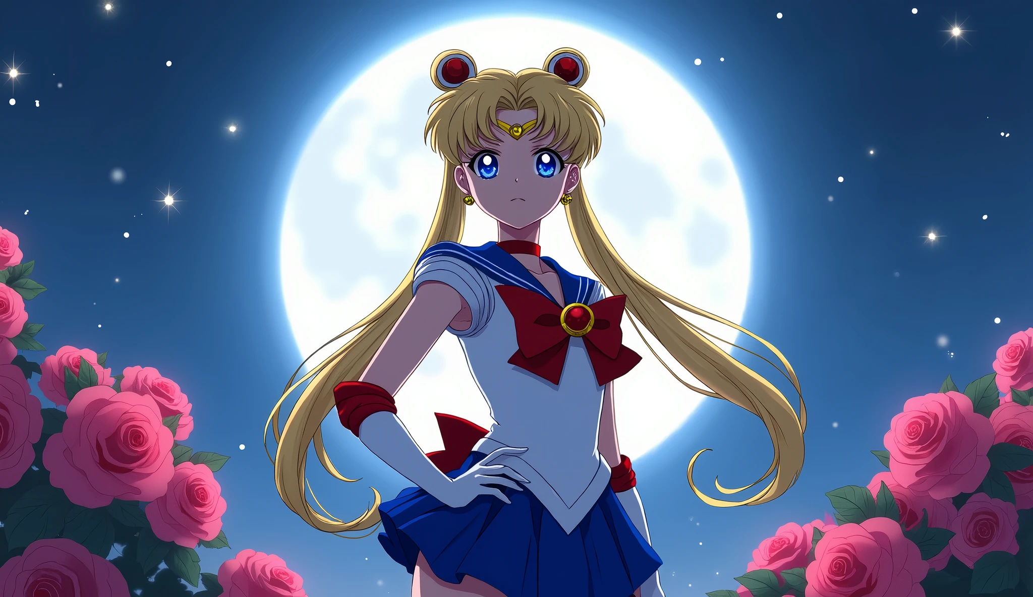 Sailor Moon\(Usagi Tsukino\) striking a decisive pose, full body, simple moonlit night background, large crescent in center and backlit, beautiful roses on both sides in very foreground, many cute twinkles, screenshot from anime\(Sailor Moon\)