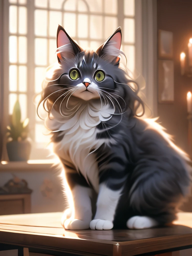 there is a cat that is standing on a table, a pastel by Niko Henrichon, tumblr, fine art, awesome cat, maine coon, anthropomorphic large maine coon, gorgeous and beautiful, adorable appearance!!!, beautiful cat, beautiful gorgeous, well proportioned, ultra realistic!!!, gorgeous beautiful, serious looking mainecoon cat, beautiful detailed