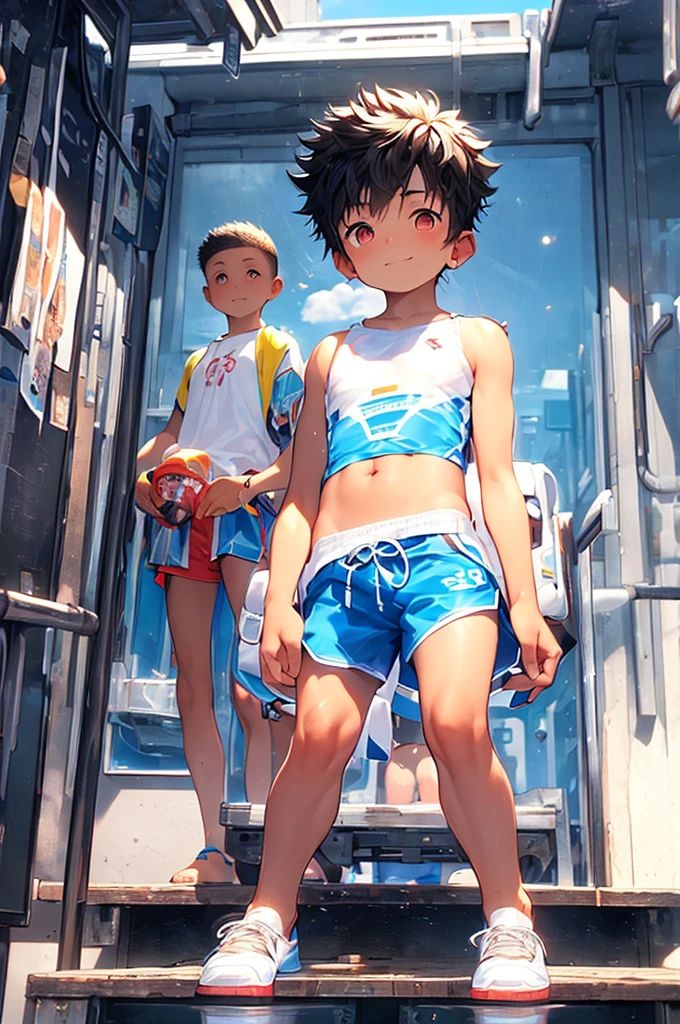 (Shota:1.5),(((Highest quality))),(((masterpiece))),(((Very detailed))),(((High resolution))),(((One person))),Short sleeveＴshirt,Short shorts,White socks,Blue sneakers,Cheerful boy,Japanese,Buzz Cut,(((Spiked Hair))),Black Hair,(Point pupils),Skinny body,Baby Face,smile