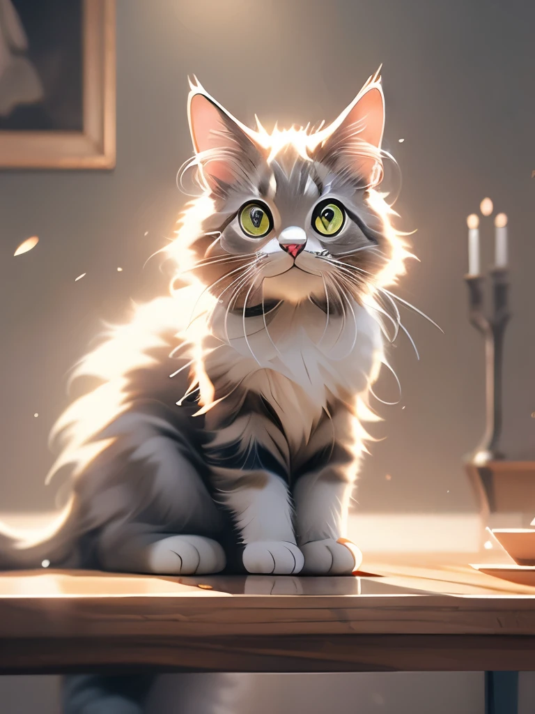 there is a cat that is standing on a table, a pastel by Niko Henrichon, tumblr, fine art, awesome cat, maine coon, anthropomorphic large maine coon, gorgeous and beautiful, adorable appearance!!!, beautiful cat, beautiful gorgeous, well proportioned, ultra realistic!!!, gorgeous beautiful, serious looking mainecoon cat, beautiful detailed