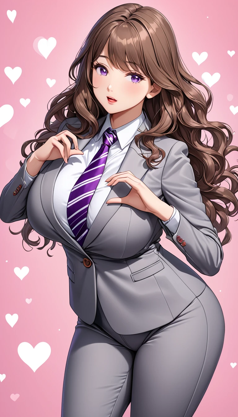 ((masterpiece)), ((high quality)),((ultra-detailed)), ((extremely detailed)),(character portrait), 4K,8K,wearing grey pants suit, white collared shirt, grey pants, 2, a beautiful woman, very tall woman with great style, perfect big breasts, perfect big ass, middle plump ass, tight suit, slender body, 1girl, solo, middle long wavy hair, brown hair with red accent, swept bangs, perfect hands, perfect face, perfect purple eyes, perfect body, beautiful legs, pink heart background, cinema lightning, purple striped patterned necktie, cold beauty, confused, open mouth, heart hands, standing on one leg, close eyes, shy, side view