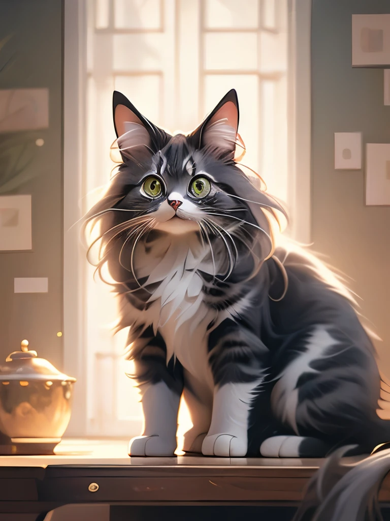 there is a cat that is standing on a table, a pastel by Niko Henrichon, tumblr, fine art, awesome cat, maine coon, anthropomorphic large maine coon, gorgeous and beautiful, adorable appearance!!!, beautiful cat, beautiful gorgeous, well proportioned, ultra realistic!!!, gorgeous beautiful, serious looking mainecoon cat, beautiful detailed