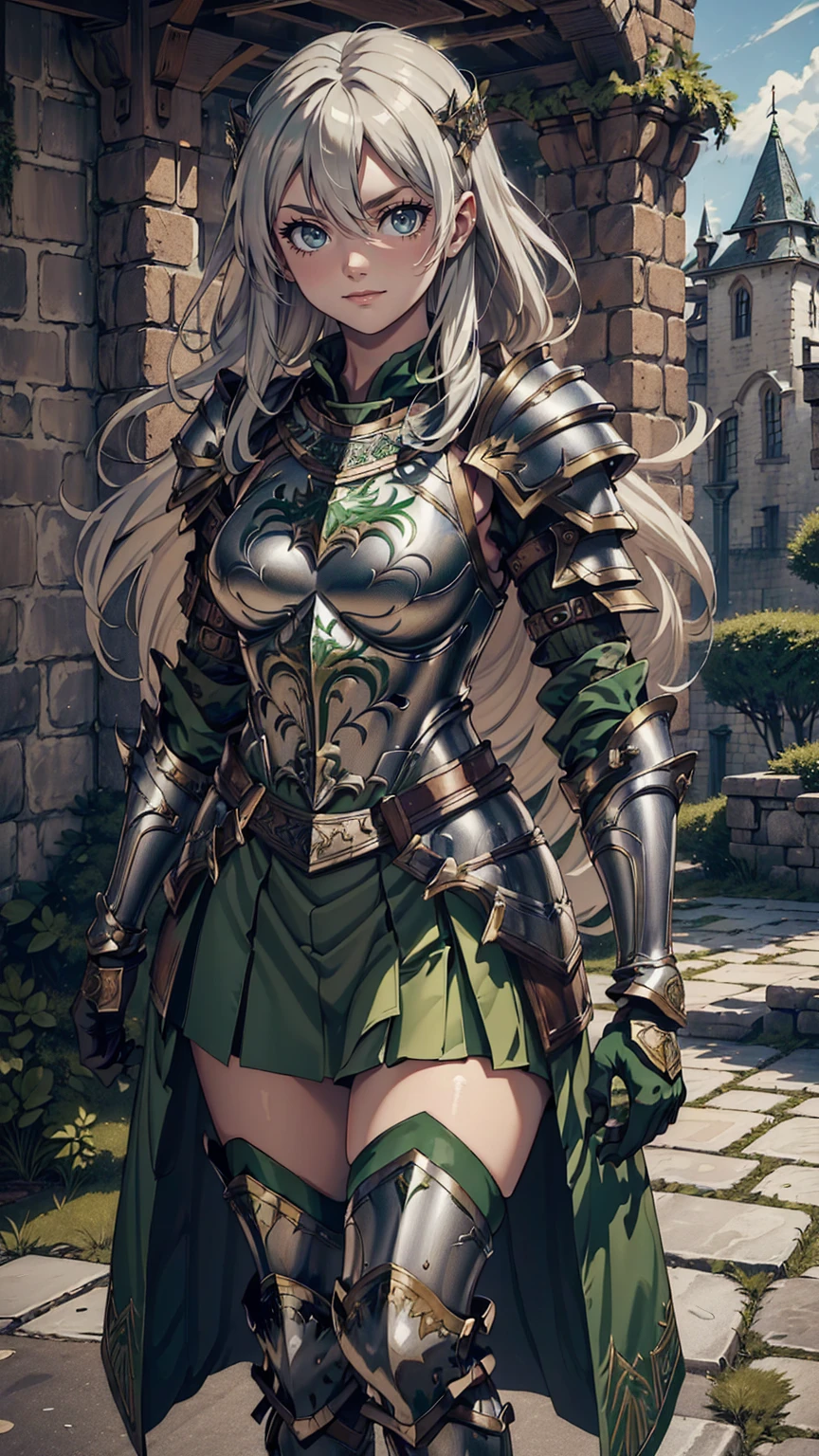 最high quality、Ultra High Definition, Ultra High Quality, Hyper Detailed, Extremely Detailed, Best image quality、masterpiece、anime woman((20-year-old、super dynamic pose , Dancing, Green solid eyes, Silver long Hair 、Disheveled Hair 、Long White Hair, Glove、Green Skirt,  Nature Design Armor, She is smiling like a villain, cheerful expression, charismatic, Detailed Cuirass , Wearing  Full Coverage Fantasy Plate Armor, leg armor))Beautiful art、background((Inside the castle))、Written boundary depth、anime style,Visual Art, 8K,Genuine