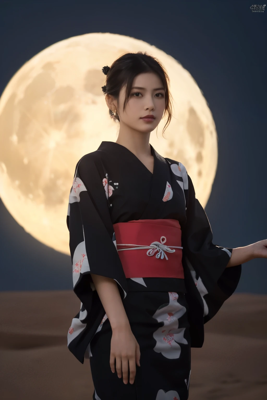 1 girl, (She is wearing a cute red yukata:1.2), Very beautiful Japanese idol portraits, 
(RAW Photos, Highest quality), (Realistic, Realistic:1.4), (masterpiece), 
Very delicate and beautiful, Very detailed, 2k wallpaper, wonderful, finely, Very detailed CG Unity 8K wallpaper, Very detailed, High resolution, Soft Light, 
Beautiful detailed girl, Very detailed目と顔, Beautiful and sophisticated nose, Beautiful and beautiful eyes, Cinema Lighting, 
(Standing in the Sahara Desert on a moonlit night:1.3), (Big Moon), (Sand Dunes), (月明かりに浮かぶ少女のwhole bodyのシルエット), (Dark screen:1.5), 
(Medium Hair), (Tie your hair back), (whole body), 
Complete Anatomy, Slender body, Small breasts