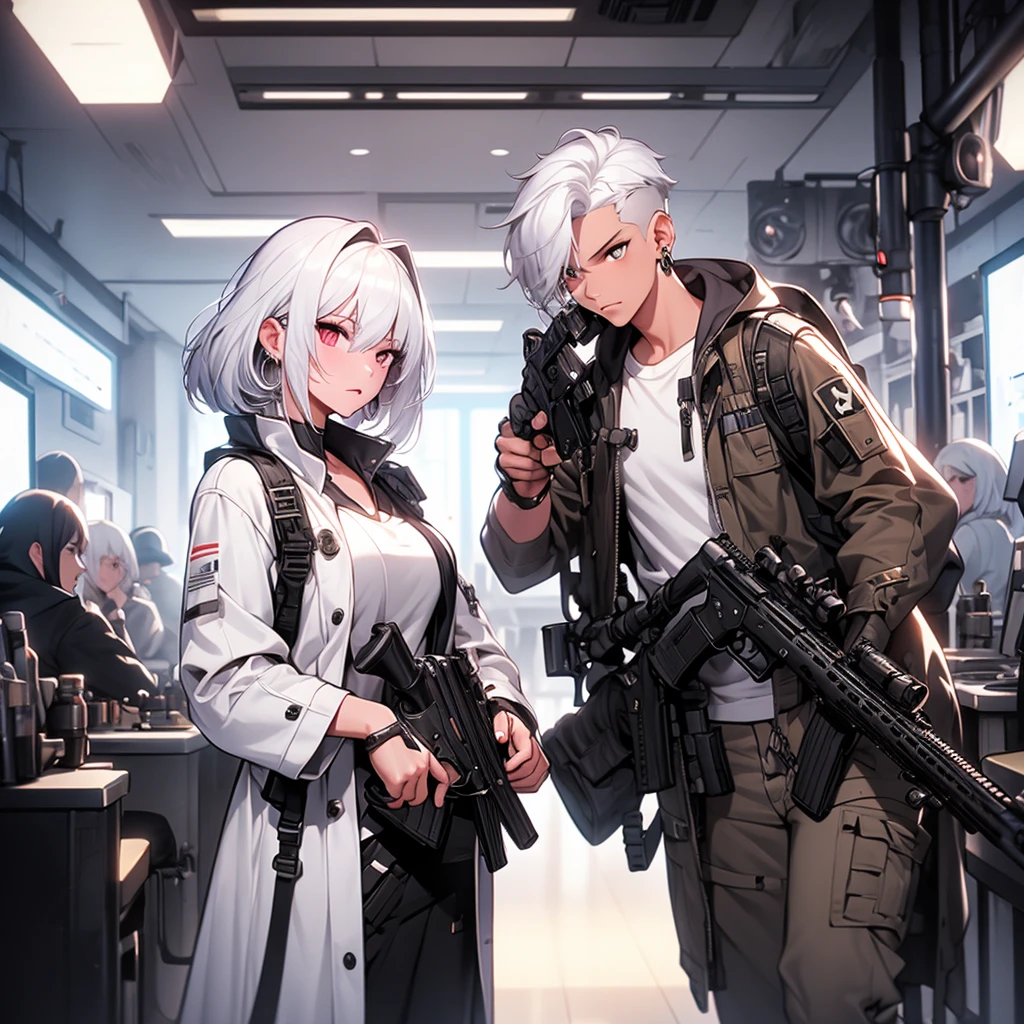 Shooting, shooting, combat, shooting a gun, holding a gun, white hair, Gradient color hairstyle, Bob Hair, Inner Color, Large Breasts, Earrings, Character profile, Fisheye Shot, Cinematic light effects, Chiaroscuro, Surrealism, 