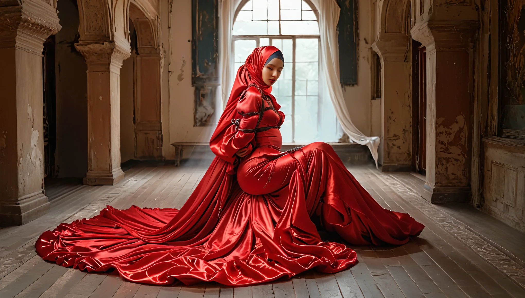 A woman shrouded in a 10-meter-long, plush red satin cloth, ballon sleeves,tight clothing from the waist to the thighs, tightly bound and grandly draping along the form of her body, flowing off into a pooled floor-length train, styled in a mermaid-inspired outfit, her head modestly veiled in a satin hijab, 185 height woman, walk in old building, a full-body pose conveying a sense of elegance, captured in a 4k resolution, ultra-realistic