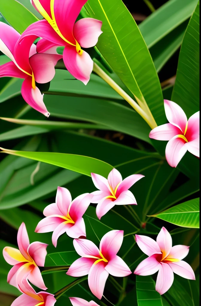 yellow and pink flowers are blooming on a tree with green leaves, blooming tropical flowers, plumeria, tropical flowers, beautiful tropical flowers, incredibly beautiful, tropical flower plants, kauai springtime, pink yellow flowers, stunningly beautiful, large exotic flowers, beautiful gorgeous, pretty flowers, colorful tropical plants, beautiful flowers, extremely beautiful, gorgeous beautiful, very colourful, beautiful flower