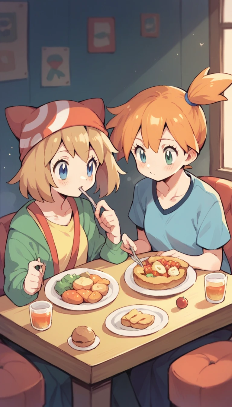 Character pokemon, Two girls , Misty , May, together eating a large table with desserts