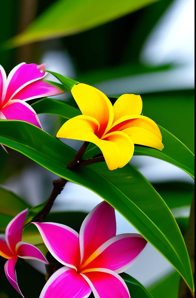 yellow and pink flowers are blooming on a tree with green leaves, blooming tropical flowers, plumeria, tropical flowers, beautiful tropical flowers, incredibly beautiful, tropical flower plants, kauai springtime, pink yellow flowers, stunningly beautiful, large exotic flowers, beautiful gorgeous, pretty flowers, colorful tropical plants, beautiful flowers, extremely beautiful, gorgeous beautiful, very colourful, beautiful flower