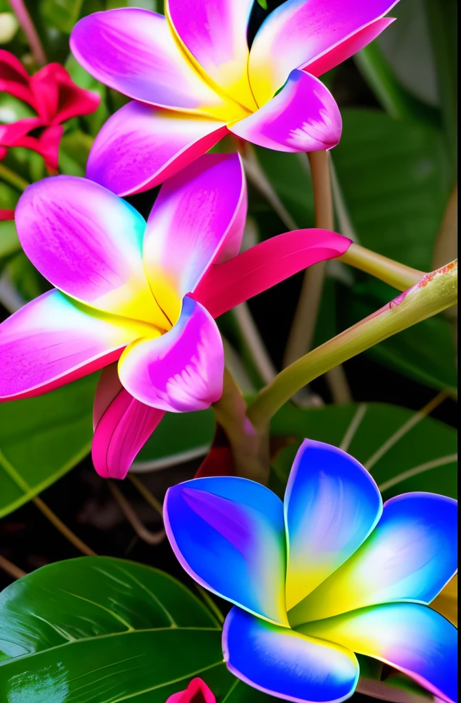 yellow and pink flowers are blooming on a tree with green leaves, blooming tropical flowers, plumeria, tropical flowers, beautiful tropical flowers, incredibly beautiful, tropical flower plants, kauai springtime, pink yellow flowers, stunningly beautiful, large exotic flowers, beautiful gorgeous, pretty flowers, colorful tropical plants, beautiful flowers, extremely beautiful, gorgeous beautiful, very colourful, beautiful flower