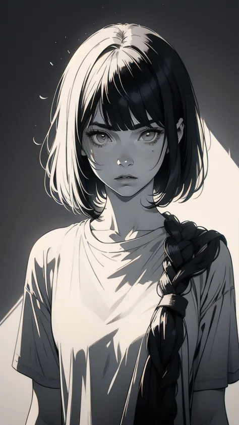 1 boyish woman wearing a white t-shirt, solo, sharp eyes, monochrome, greyscale, shoulder length black bangs hair, portrait, (bl...