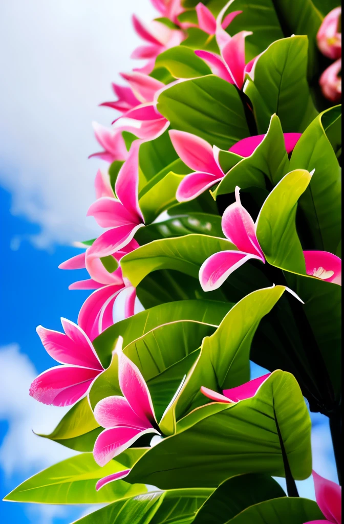 yellow and pink flowers are blooming on a tree with green leaves, blooming tropical flowers, plumeria, tropical flowers, beautiful tropical flowers, incredibly beautiful, tropical flower plants, kauai springtime, pink yellow flowers, stunningly beautiful, large exotic flowers, beautiful gorgeous, pretty flowers, colorful tropical plants, beautiful flowers, extremely beautiful, gorgeous beautiful, very colourful, beautiful flower