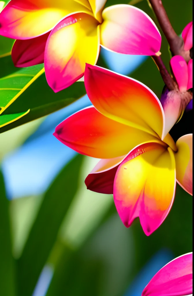 yellow and pink flowers are blooming on a tree with green leaves, blooming tropical flowers, plumeria, tropical flowers, beautiful tropical flowers, incredibly beautiful, tropical flower plants, kauai springtime, pink yellow flowers, stunningly beautiful, large exotic flowers, beautiful gorgeous, pretty flowers, colorful tropical plants, beautiful flowers, extremely beautiful, gorgeous beautiful, very colourful, beautiful flower