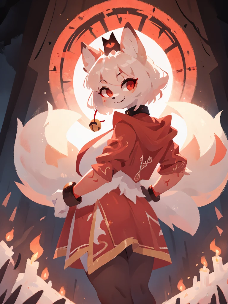 a detailed 5 tailed white and red female kitsune with a black crown, large breasts, thighs and ass, red patterns on the body, red swirls on the thighs, red tipped ears, pretty red eyes, white and red fur tufts, wearing a red and white fleece that covers her full body, looking at viewer, smiling, standing in her cult with people in her cult in her background, wearing a black and red bracelet on the left arm, 2D art, cult leader, 4k, detailed, hi res, absurd res, collar with bell, ear fluff