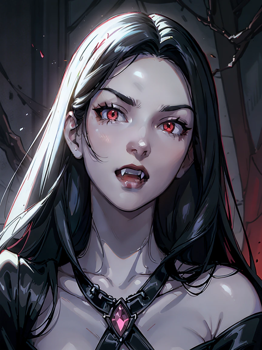 absurdres, ((stunning female Vampire))), goth Renaissance, (long black hair:1.3), perfect and detailed angular sharp oval shaped face, ((white narrow eyes)), jewelry, red and black tetradic colors, full lips, perfect anatomy, approaching perfection, ethereal, intricate details, ultra-high definition, 12k resolution, goth aesthetic, smooth, sharp focus, dreamy, glowing, backlit, glamour, glimmer, fantastical, shadows, smooth, illustration, (Nude:1.0)