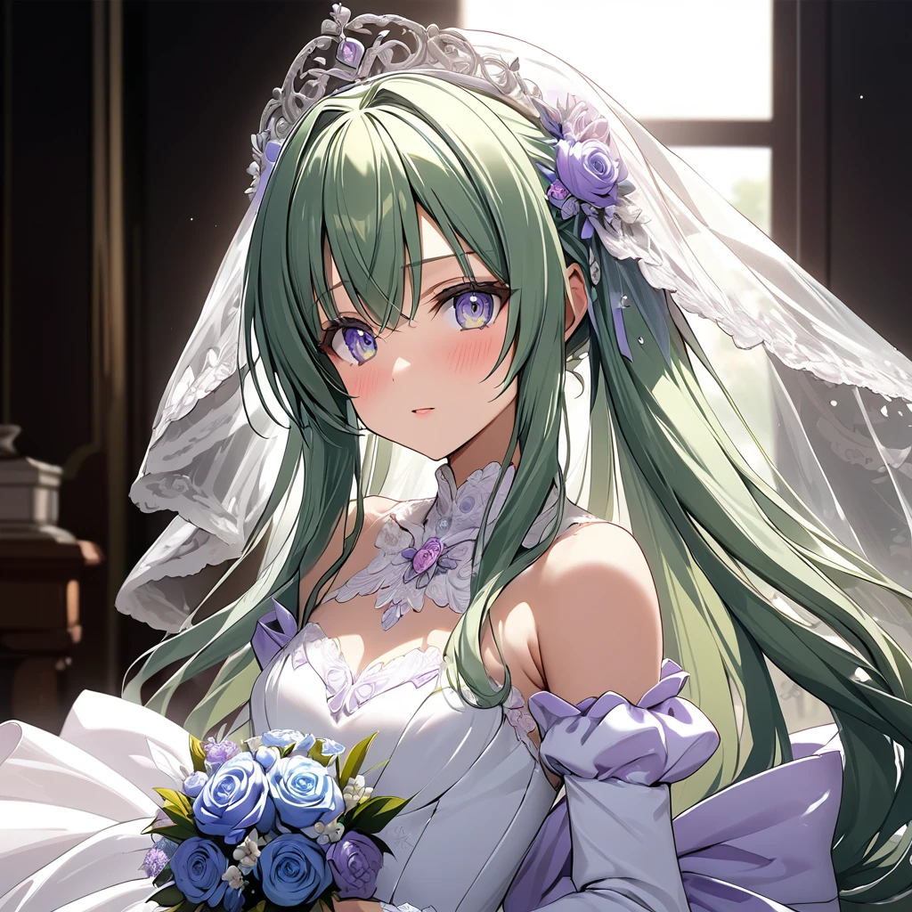 ((Highest quality)), ((masterpiece)), (detailed), （Perfect Face）、The woman is Extia Flora、The woman is wearing a gorgeous wedding dress and a wedding veil.