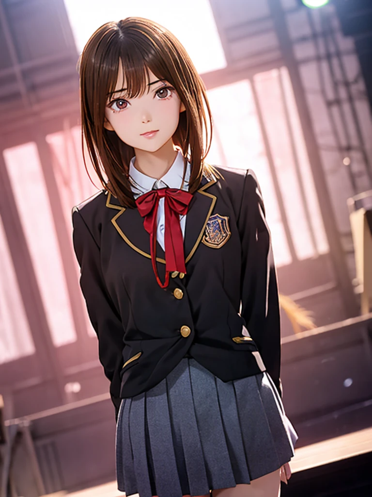 High resolution, 8k, Highest quality, detailed, Semi-realistic anime, Anime 3D Style, Smooth anime CG, One Girl, 20 year old Japanese woman, slim, Modeled, Shiny brown hair, detailedな顔, Beautiful and detailed, Glowing Skin, Hard Focus、Film Grain, Soft lighting, (Looking at the audience, Decent face,Concert Venues, Idol, Dancing in uniform, Short Bob, main character)