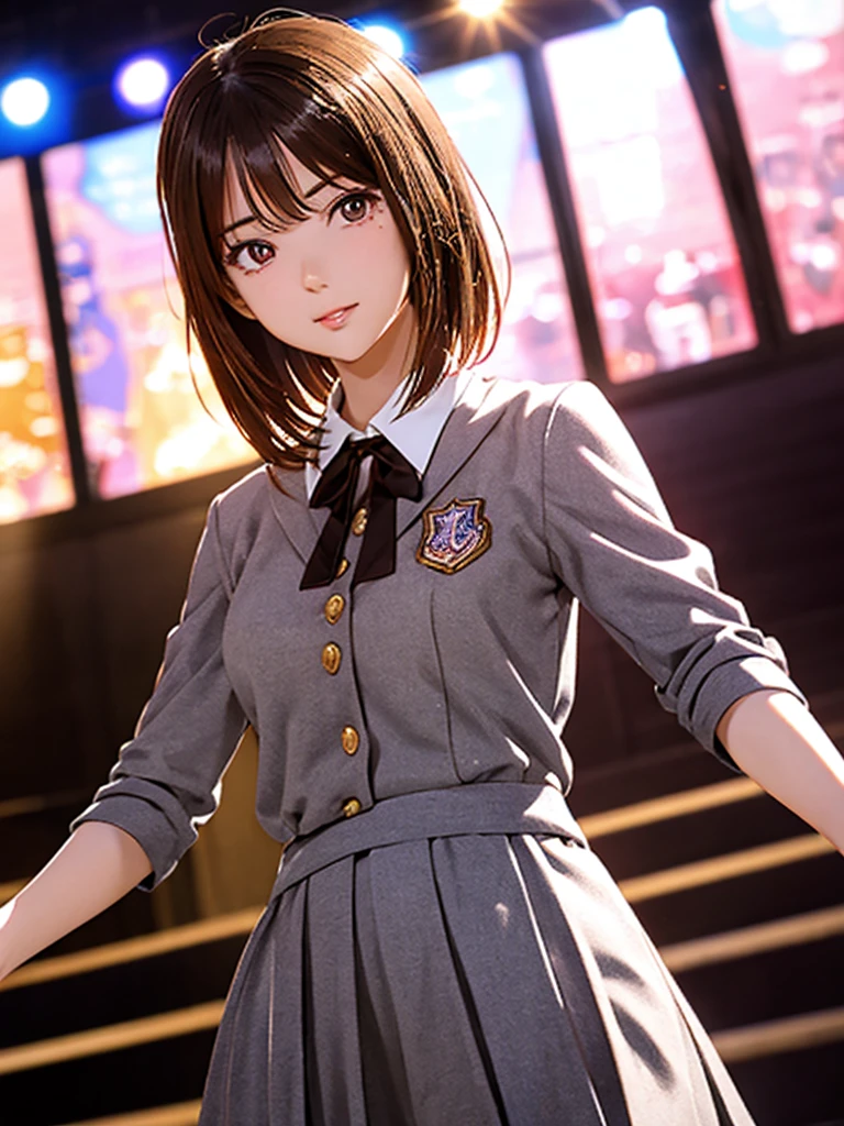 High resolution, 8k, Highest quality, detailed, Semi-realistic anime, Anime 3D Style, Smooth anime CG, One Girl, 20 year old Japanese woman, slim, Modeled, Shiny brown hair, detailedな顔, Beautiful and detailed, Glowing Skin, Hard Focus、Film Grain, Soft lighting, (Looking at the audience, Decent face,Concert Venues, Idol, Dancing in uniform, Short Bob, main character)