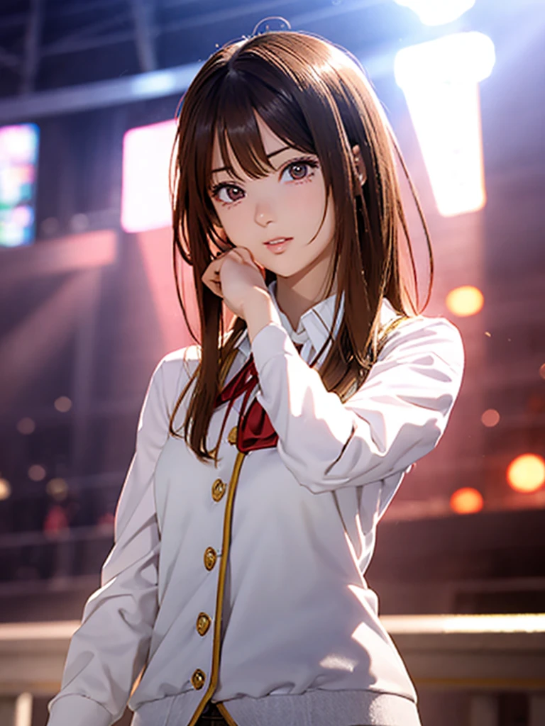 High resolution, 8k, Highest quality, detailed, Semi-realistic anime, Anime 3D Style, Smooth anime CG, One Girl, 20 year old Japanese woman, slim, Modeled, Shiny brown hair, detailedな顔, Beautiful and detailed, Glowing Skin, Hard Focus、Film Grain, Soft lighting, (Looking at the audience, Decent face,Concert Venues, Idol, Dancing in uniform, Short Bob, main character)