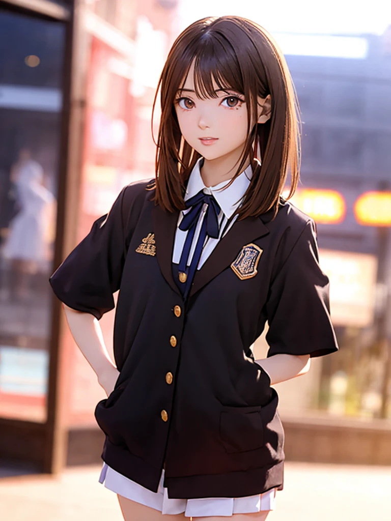 High resolution, 8k, Highest quality, detailed, Semi-realistic anime, Anime 3D Style, Smooth anime CG, One Girl, 20 year old Japanese woman, slim, Modeled, Shiny brown hair, detailedな顔, Beautiful and detailed, Glowing Skin, Hard Focus、Film Grain, Soft lighting, (Looking at the audience, Decent face,Concert Venues, Idol, Dancing in uniform, Short Bob, main character)