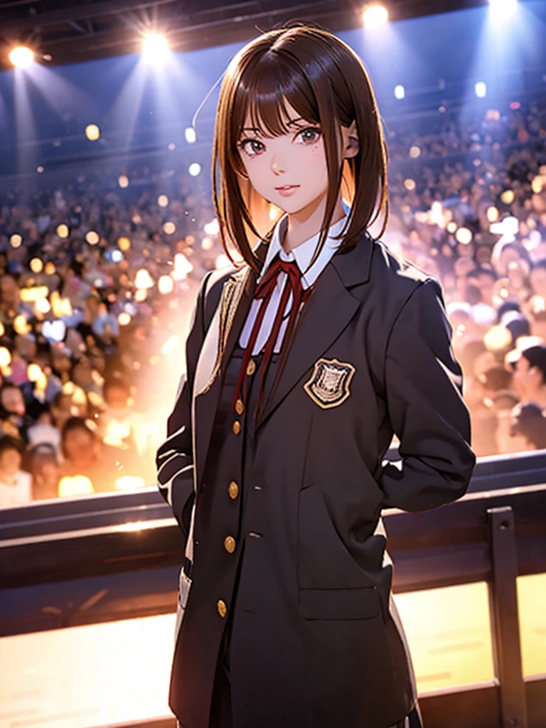 High resolution, 8k, Highest quality, detailed, Semi-realistic anime, Anime 3D Style, Smooth anime CG, One Girl, 20 year old Japanese woman, slim, Modeled, Shiny brown hair, detailedな顔, Beautiful and detailed, Glowing Skin, Hard Focus、Film Grain, Soft lighting, (Looking at the audience, Decent face,Concert Venues, Idol, Dancing in uniform, Short Bob, main character)