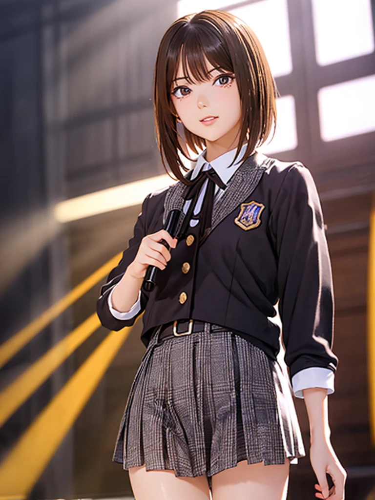 High resolution, 8k, Highest quality, detailed, Semi-realistic anime, Anime 3D Style, Smooth anime CG, One Girl, 20 year old Japanese woman, slim, Modeled, Shiny brown hair, detailedな顔, Beautiful and detailed, Glowing Skin, Hard Focus、Film Grain, Soft lighting, (Looking at the audience, Decent face,Concert Venues, Idol, Dancing in uniform, Short Bob, main character)