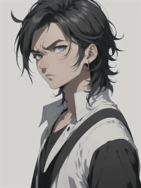 solo, man,side burns, classic side part,  blue eyes, korean, casual clothes, shirts, anger, masterpiece, high quality, 2d, hands...