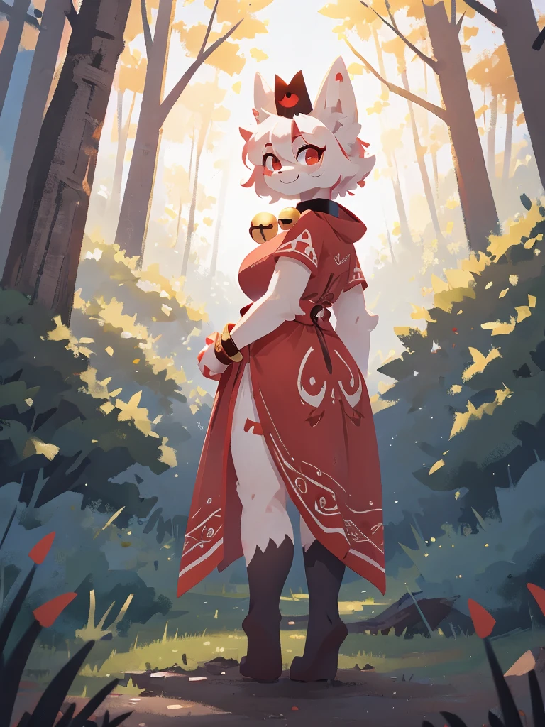 a detailed 5 tailed white and red female kitsune with a black crown, large breasts, thighs and ass, red patterns on the body, red swirls on the thighs, red tipped ears, pretty red eyes, white and red fur tufts, wearing a red and white fleece that covers her full body, looking at viewer, smiling, standing a forest, trees in the background, wearing a black and red bracelet on the left arm, 2D art, cult leader, 4k, detailed, hi res, absurd res, collar with bell, ear fluff