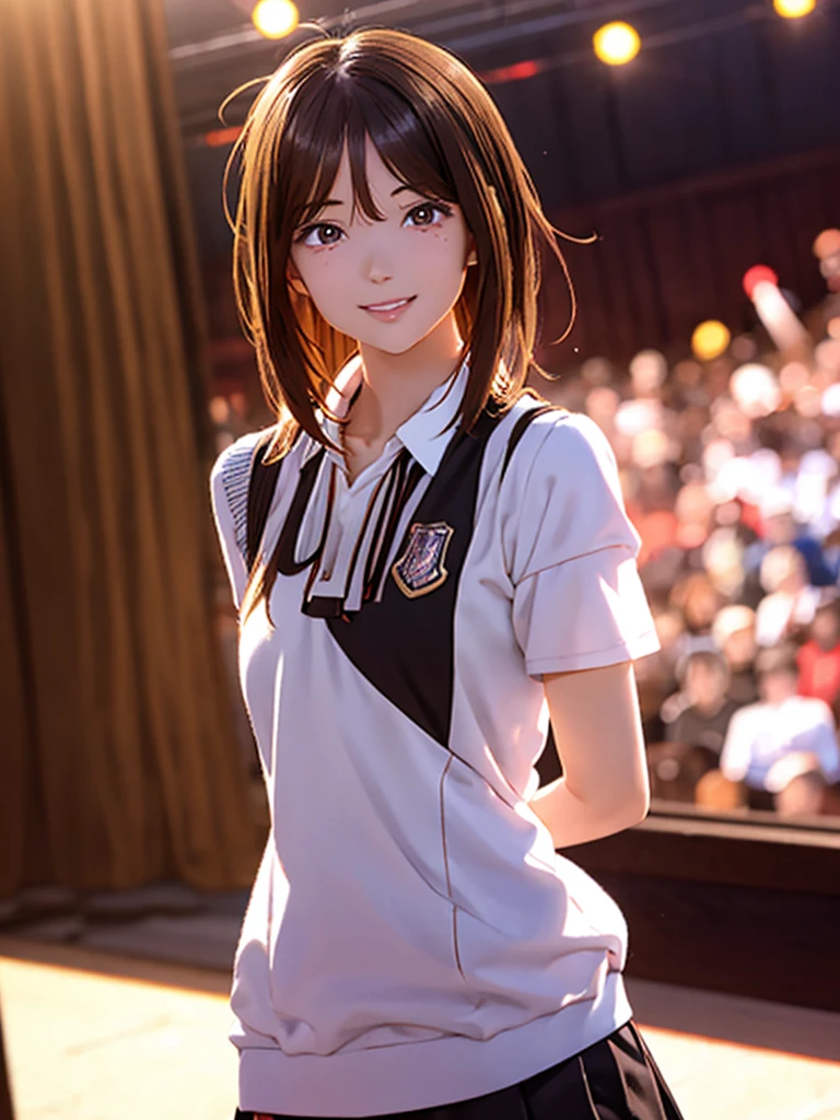 High resolution, 8k, Highest quality, detailed, Semi-realistic anime, Anime 3D Style, Smooth anime CG, One Girl, 20 year old Japanese woman, slim, Modeled, Shiny brown hair, detailedな顔, Beautiful and detailed, Glowing Skin, Hard Focus、Film Grain, Soft lighting, (Looking at the audience, smile,Concert Venues, Idol, Dancing in uniform, Short Bob, main character)