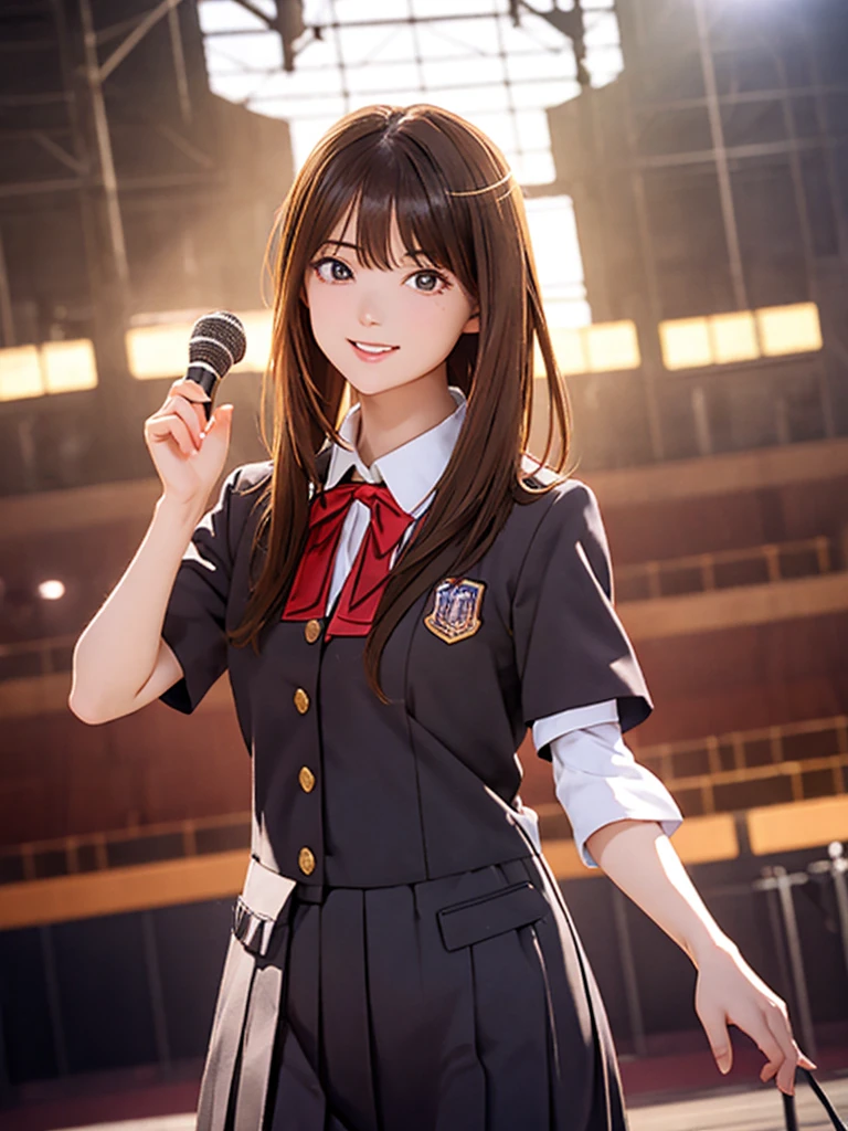 High resolution, 8k, Highest quality, detailed, Semi-realistic anime, Anime 3D Style, Smooth anime CG, One Girl, 20 year old Japanese woman, slim, Modeled, Shiny brown hair, detailedな顔, Beautiful and detailed, Glowing Skin, Hard Focus、Film Grain, Soft lighting, (Looking at the audience, smile,Concert Venues, Idol, Dancing in uniform, Short Bob, main character)