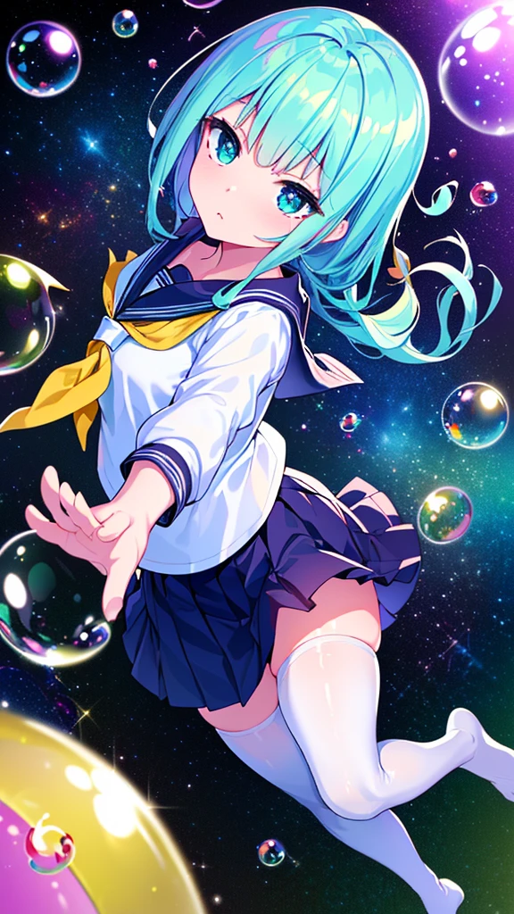 (masterpiece), (best quality), (official art, extremely detailed CG unity 8k wallpaper), (highly detailed), ((absurdres)), 1girl, mid shot, (exquisite facial features),(serafuku:1.3) ((sfw)),((clear hands)), ((white thighhighs without shoes)),aqua eyes, color contact lenses, stars in the eyes, (((colorful bubble))), colourful glass, (album cover)