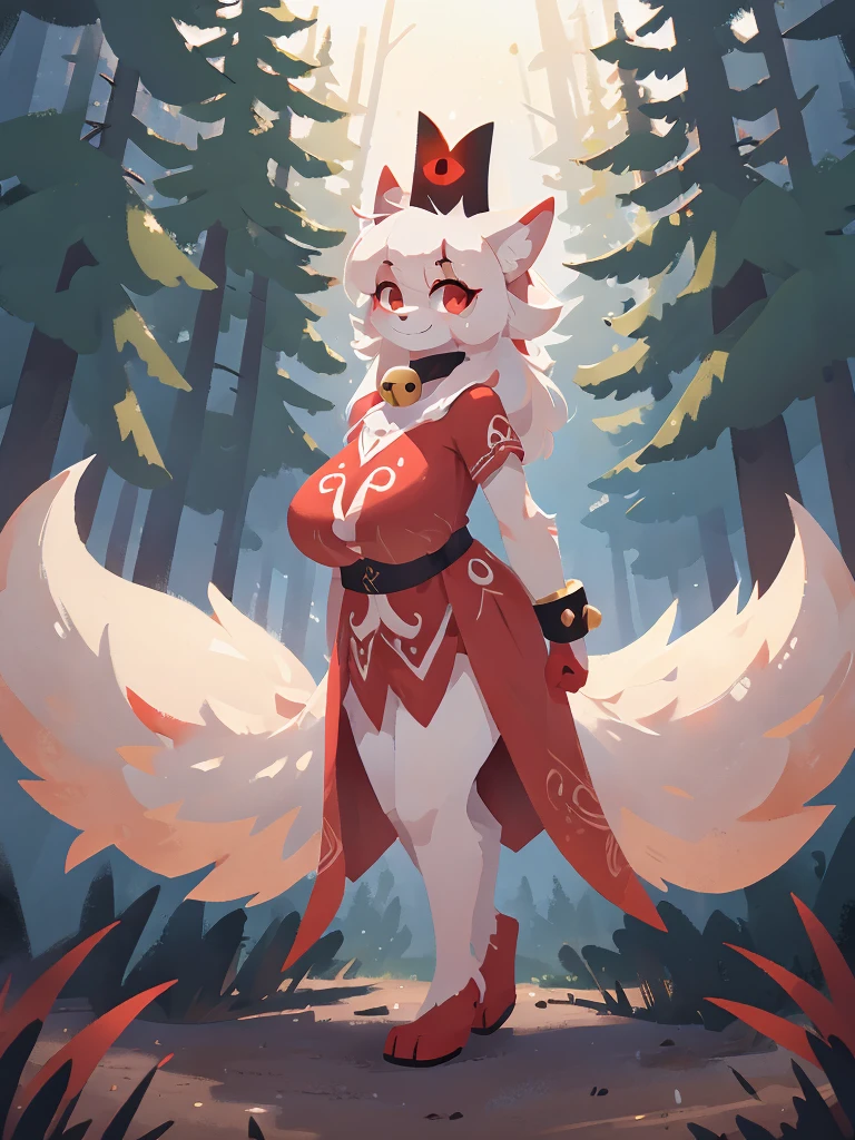 a detailed 5 tailed white and red female kitsune with a black crown, large breasts, thighs and ass, red patterns on the body, red swirls on the thighs, red tipped ears, pretty red eyes, white and red fur tufts, wearing a red and white fleece that covers her full body, looking at viewer, smiling, standing a forest, trees in the background, wearing a black and red bracelet on the left arm, 2D art, cult leader, 4k, detailed, hi res, absurd res, collar with bell, ear fluff