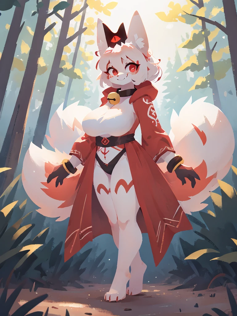 a detailed 5 tailed white and red female kitsune with a black crown, large breasts, thighs and ass, red patterns on the body, red swirls on the thighs, red tipped ears, pretty red eyes, white and red fur tufts, wearing a red and white fleece that covers her full body, looking at viewer, smiling, standing a forest, trees in the background, wearing a black and red bracelet on the left arm, 2D art, cult leader, 4k, detailed, hi res, absurd res, collar with bell, ear fluff