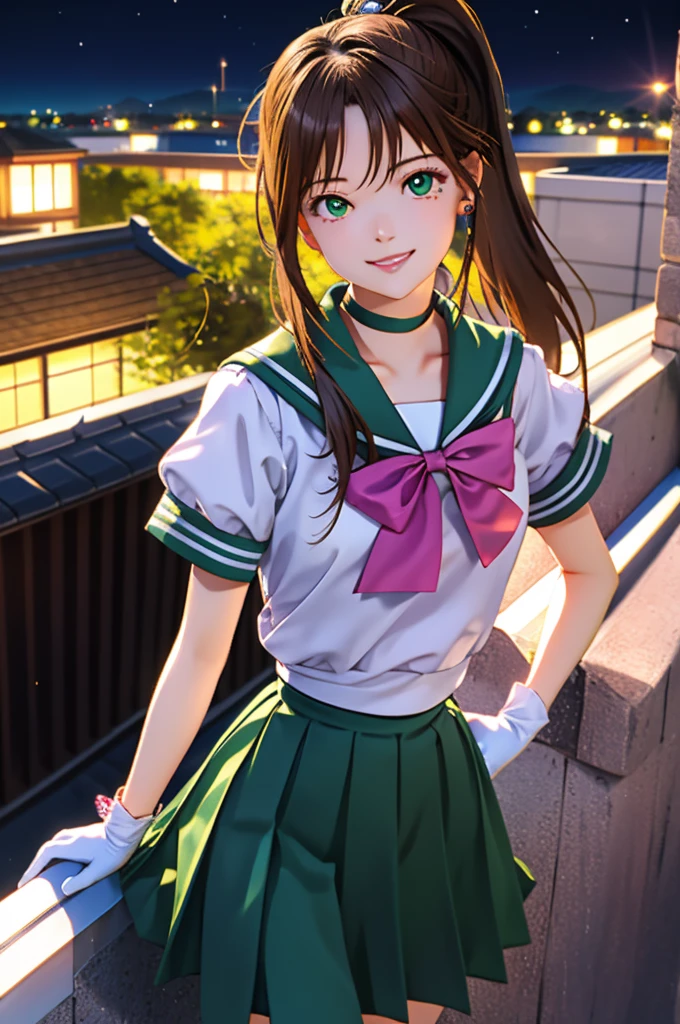 High resolution, 8k, Highest quality, detailed, One Girl, 20 year old Japanese woman, slim, Modeled, Shiny brown hair, detailedな顔, Beautiful and detailed, Glowing Skin, Hard Focus、Film Grain, Soft lighting, Cute eyes, Green Eyes, ponytail, tiara, jewelry, Sailor Warrior Uniforms, Green sailor collar, choker, - Elbow hand pockets, White gloves, Pink Ribbon, brooch, ((Green Skirt, Sanding arm for pleated skirts_Crossed, Cowboy Shot, night, rooftop, moon, smile))