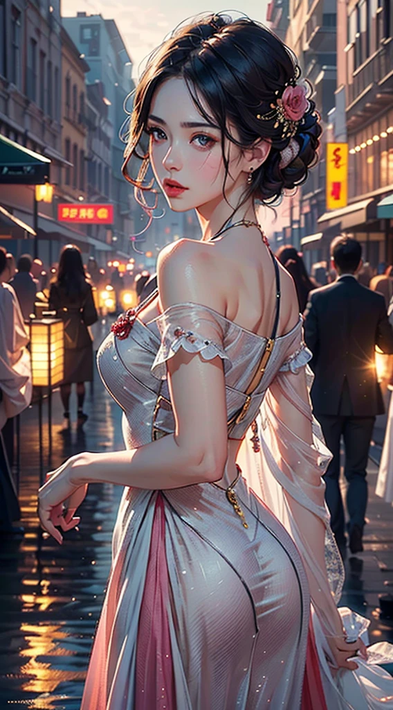 a beautiful young woman with long pink off-the-shoulder dress, cinematic lighting, beautiful detailed eyes, beautiful detailed lips, extremely detailed face, longeyelashes, flawless skin, elegant pose, standing in a scenic outdoor environment, (best quality,4k,8k,highres,masterpiece:1.2),ultra-detailed,(realistic,photorealistic,photo-realistic:1.37),HDR,UHD,studio lighting,ultra-fine painting,sharp focus,physically-based rendering,extreme detail description,professional,vivid colors,bokeh,portrait