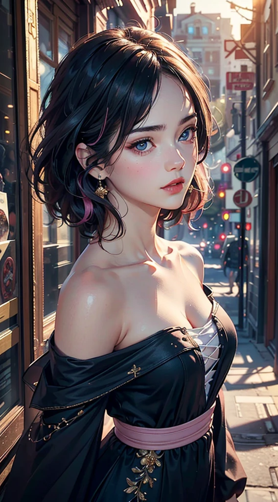 a beautiful young woman with long pink off-the-shoulder dress, cinematic lighting, beautiful detailed eyes, beautiful detailed lips, extremely detailed face, longeyelashes, flawless skin, elegant pose, standing in a scenic outdoor environment, (best quality,4k,8k,highres,masterpiece:1.2),ultra-detailed,(realistic,photorealistic,photo-realistic:1.37),HDR,UHD,studio lighting,ultra-fine painting,sharp focus,physically-based rendering,extreme detail description,professional,vivid colors,bokeh,portrait