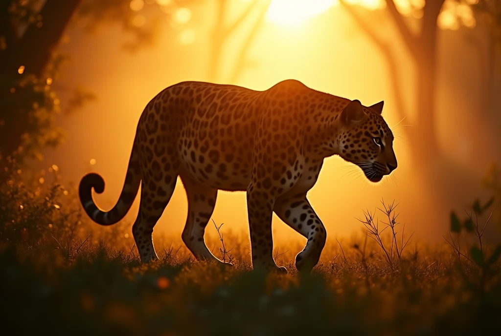 jaguar, Hamada Hideyaki photo style, 35mm lens, backlit photo, tyndall effect, golden hour