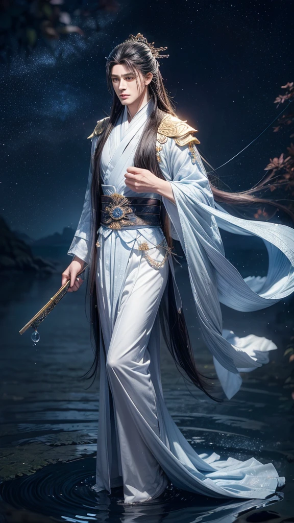 night,Starry Sky,Water drops floating in the air,as if stopped，beauty,Handsome nine-tailed fox handsome man,long hair shawl,Perfect body,Wearing Xianxia long-sleeved suit,Hold a folding fan in your hand,As if falling from the sky,