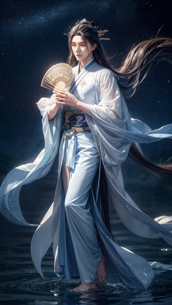 night,Starry Sky,Water drops floating in the air,as if stopped，beauty,Handsome nine-tailed fox handsome man,long hair shawl,Perfect body,Wearing Xianxia long-sleeved suit,Hold a folding fan in your hand,As if falling from the sky,