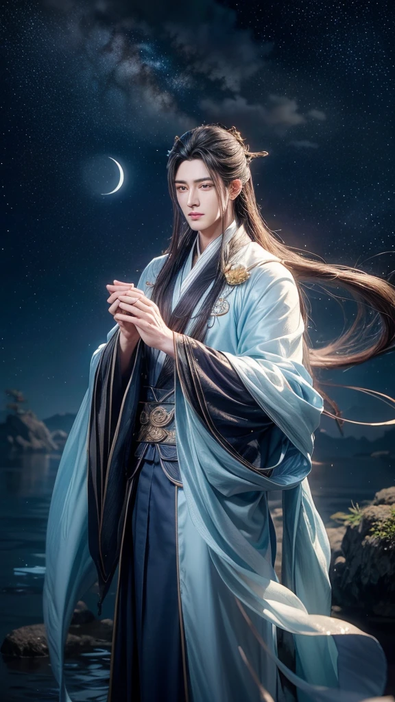 night,Starry Sky,Water drops floating in the air,as if stopped，beauty,Handsome nine-tailed fox handsome man,long hair shawl,Perfect body,Wearing Xianxia long-sleeved suit,Hold a folding fan in your hand,As if falling from the sky,