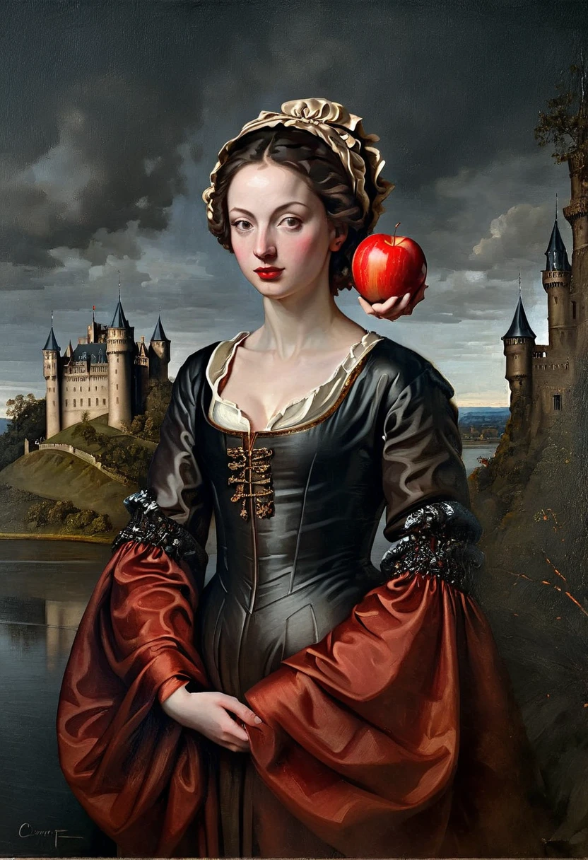 Painted standing women holding Red Apple, and a castle in the background. oil painting, Renaissance style, chiaroscuro, dark background, rich fabrics, soft lighting, fine details, muted colors, dramatic contrast, 17th century fashion, Dutch Golden Age, portrait, side profile, high-quality, masterpiece, classical art