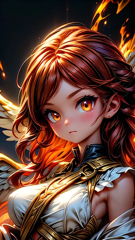 a woman with fire and flames on her body, with flaming golden wings of flame, with flaming golden wings, epic fantasy art style,...