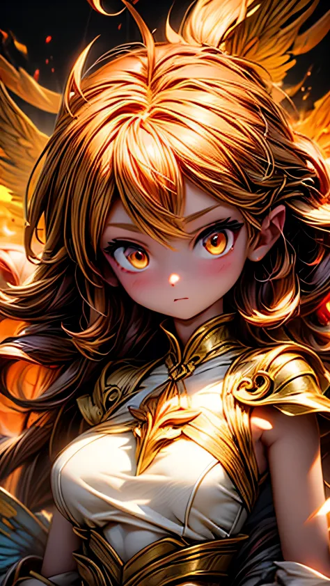 a woman with fire and flames on her body, with flaming golden wings of flame, with flaming golden wings, epic fantasy art style,...