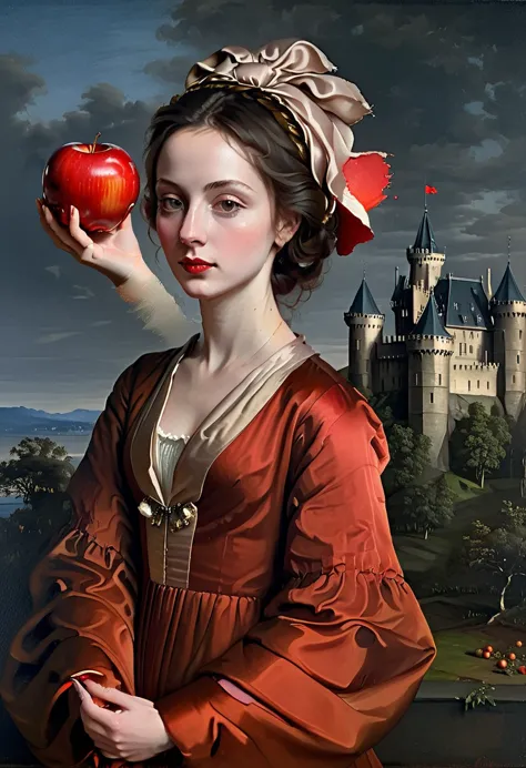 painted standing women holding red apple, and a castle in the background. oil painting, renaissance style, chiaroscuro, dark bac...