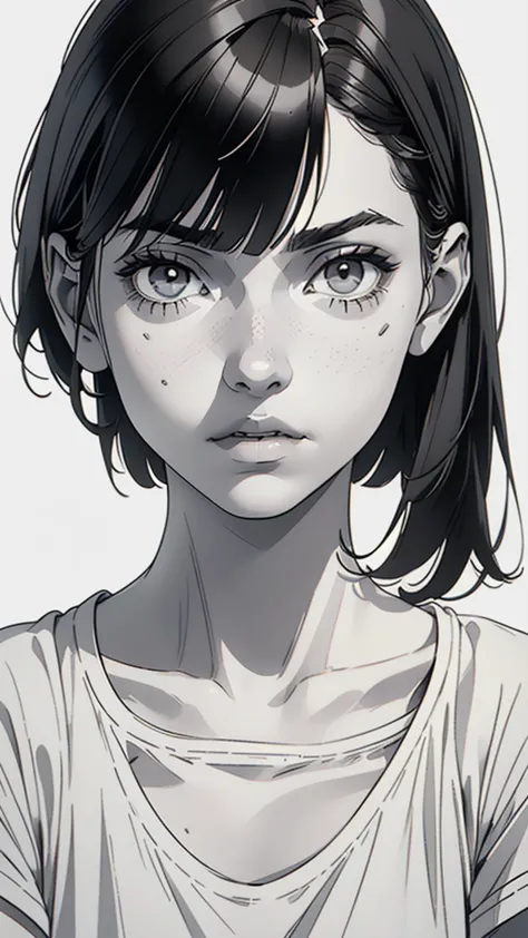 1 boyish girl wearing a white t-shirt, solo, sharp eyes, monochrome, greyscale, shoulder length black bangs hair, portrait, (bla...