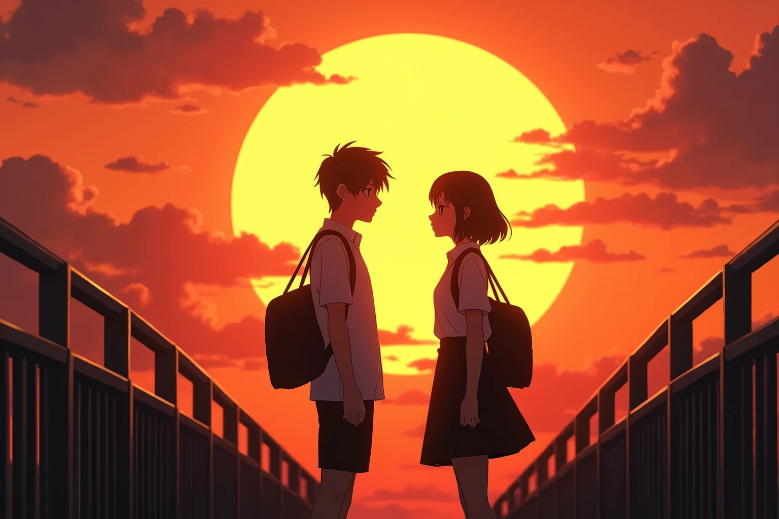 Backlight, male and female high school students staring at each other, on a pedestrian bridge, dusk, big sun setting, beautiful sunset, Japan high school summer uniform, (silhouette style)